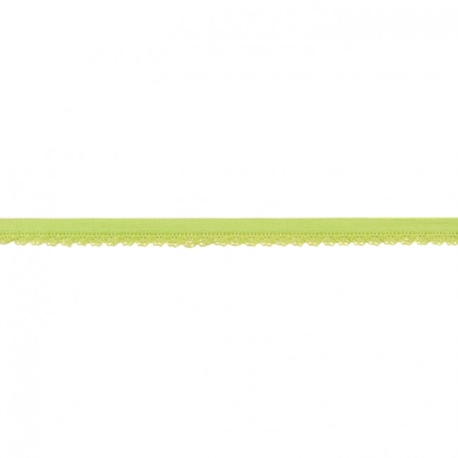 Elastische Spitze in leuchtendem Lime-Grün mit dekorativer Bogenkante, 11 mm Breite, hochwertige Mischung mit Lycra, ideal für Lingerie, sportliche Wäsche-Abschlüsse und sommerliche Akzente.