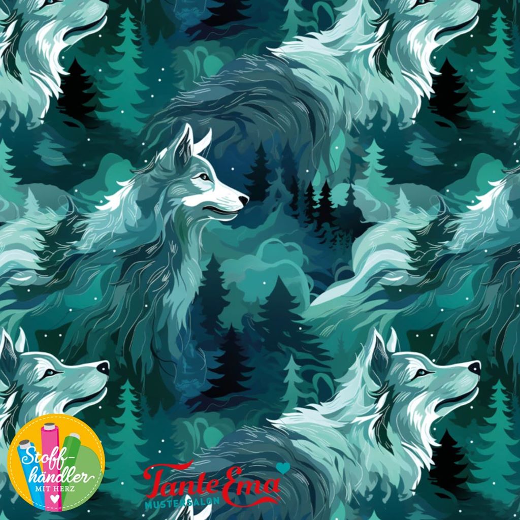 Baumwolljersey - Motivjersey - Tante Ema - Digitaldruck - Wolf auf Petrol