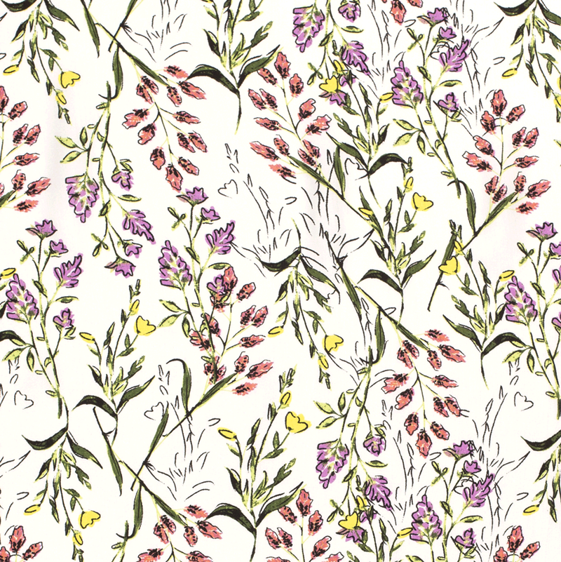 Viskose - Viskosestoff - Motiv - Frühlingsblumen in verschiedenen Farben auf Weiß