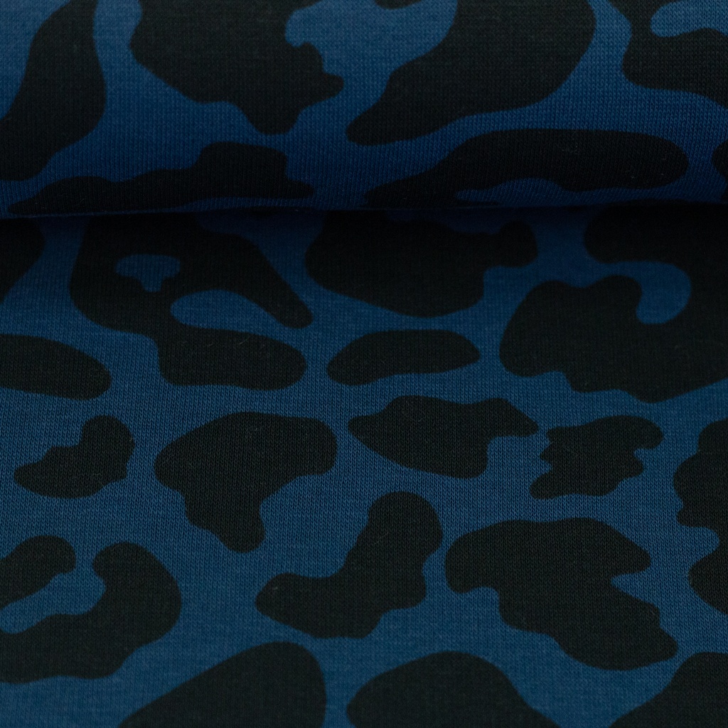 Sweatstoff French Terry Aspen im Leo-Print Blau Schwarz – Elastischer Sweat für Pullover, Hoodies und Hosen.