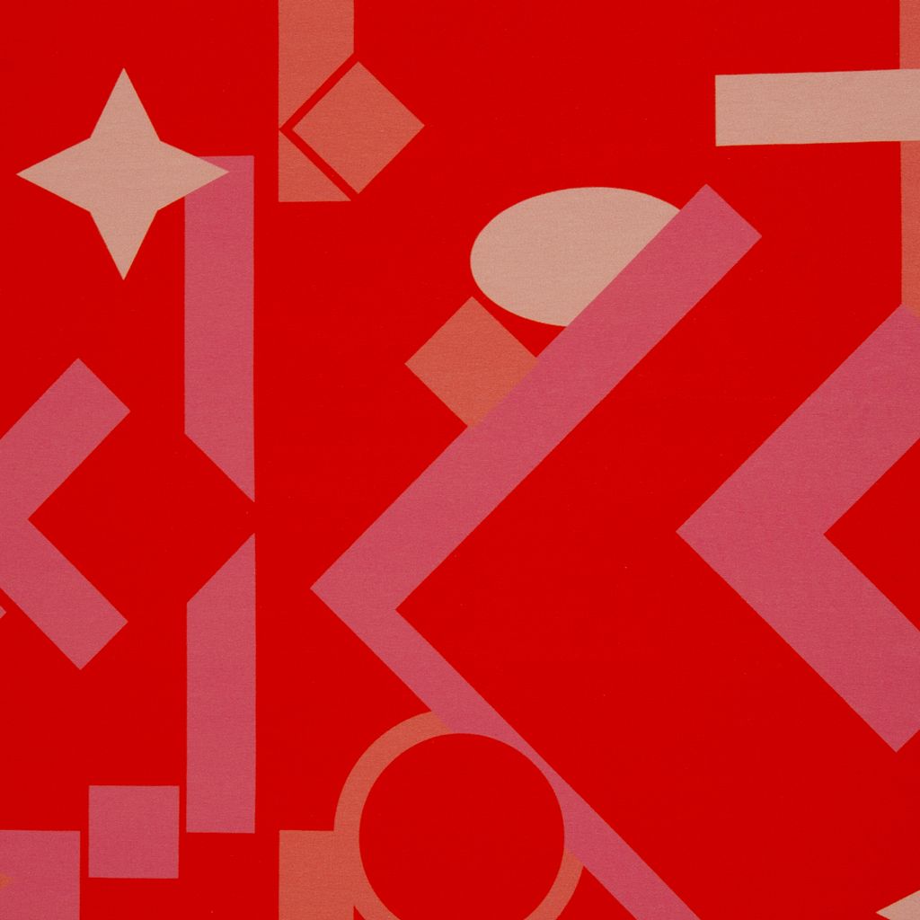 Hochwertiger Swafing French Terry Sommersweat Universe by Cherry Picking in Rot mit abstrakten geometrischen Formen, Sternen und Linien für Kleidung