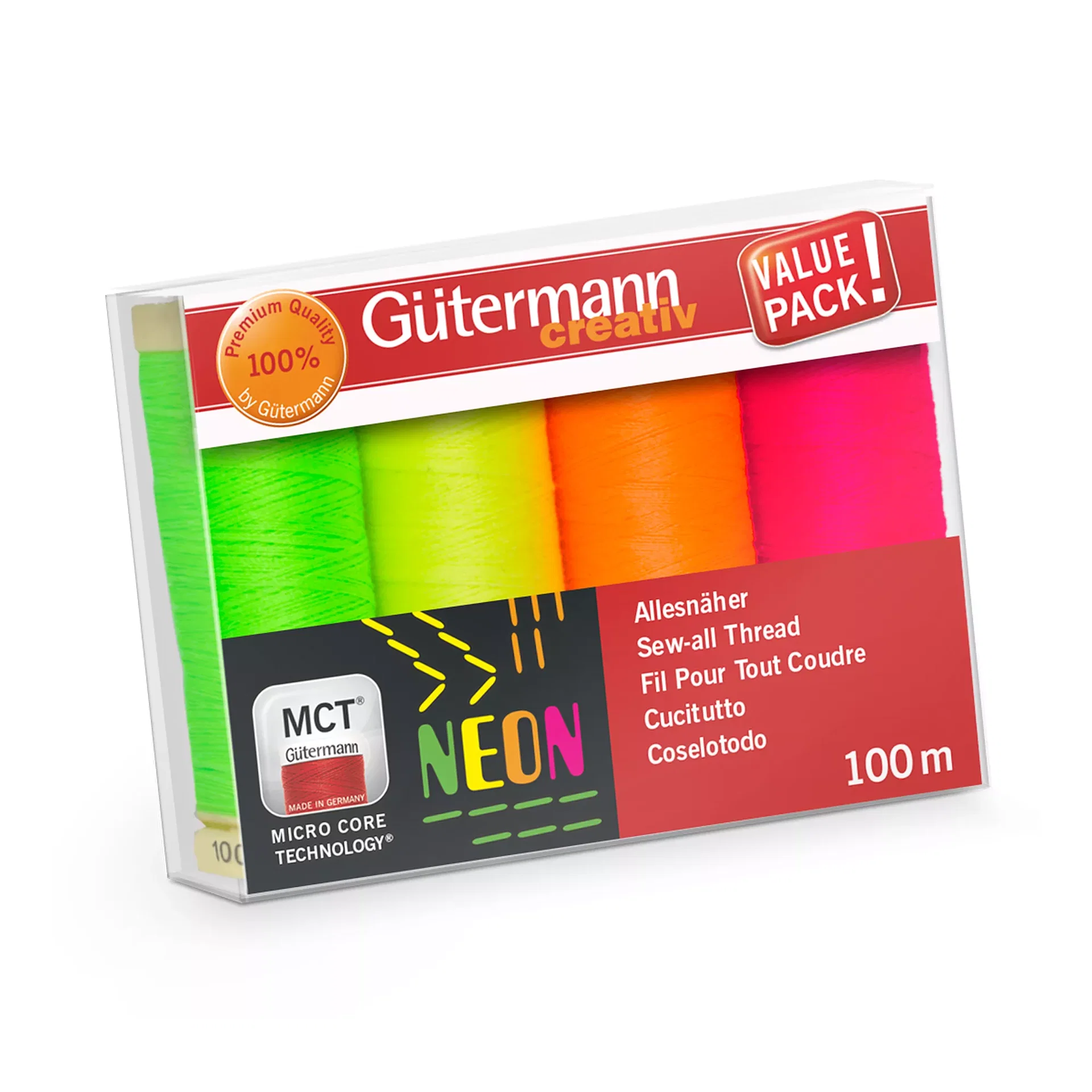 Gütermann Nähfaden-Set NEON, 4 Spulen Allesnäher à 100m in leuchtendem Gelb, Orange, Pink und Grün, 100% Polyester Universalnähgarn für Signaleffekte.