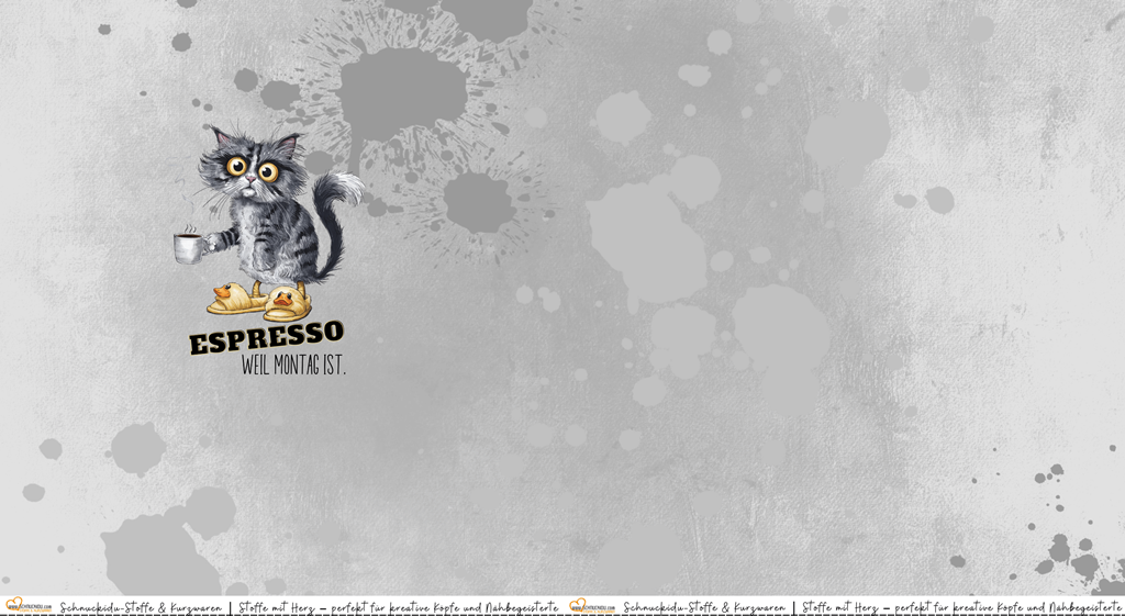 Panel Eigendesign Jersey "Espresso weil Montag ist" mit zerzauster Katze und Kaffeetasse auf grau meliertem Grund mit Farbspritzern – ca. 80x155cm, 92% Baumwolle, 8% Elasthan, Öko-Tex Standard 100