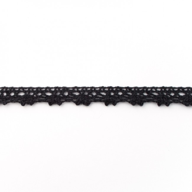 Filigrane Klöppelspitze aus 100% Baumwolle in Schwarz, 12mm Breite, hochwertige Meterware für Gothic-Looks, elegante Kleidung und Vintage-Deko.