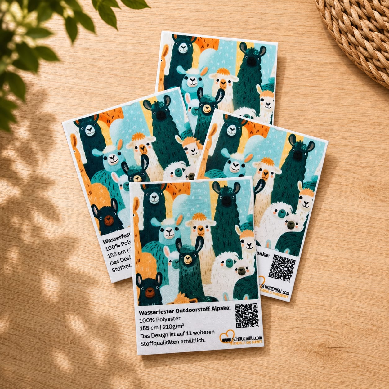 Wasserfester Outdoorstoff Stoffprobe Schnuckidu Eigendesigns – ca. 10 x 15 cm großes Stoffmuster aus 100% Polyester mit niedlichem Alpaka-Motiv und QR-Code.