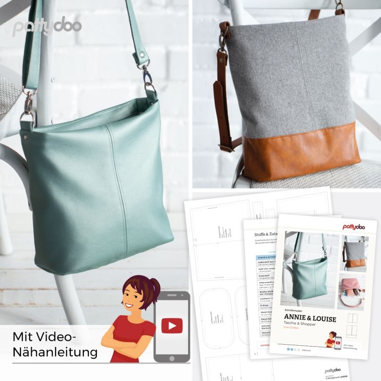 Papierschnittmuster für die Taschen Annie und Louise von Pattydoo – Inklusive Schnittbögen für zwei Größen, Booklet mit Zuschnittplan und Anleitung für Innenfächer.