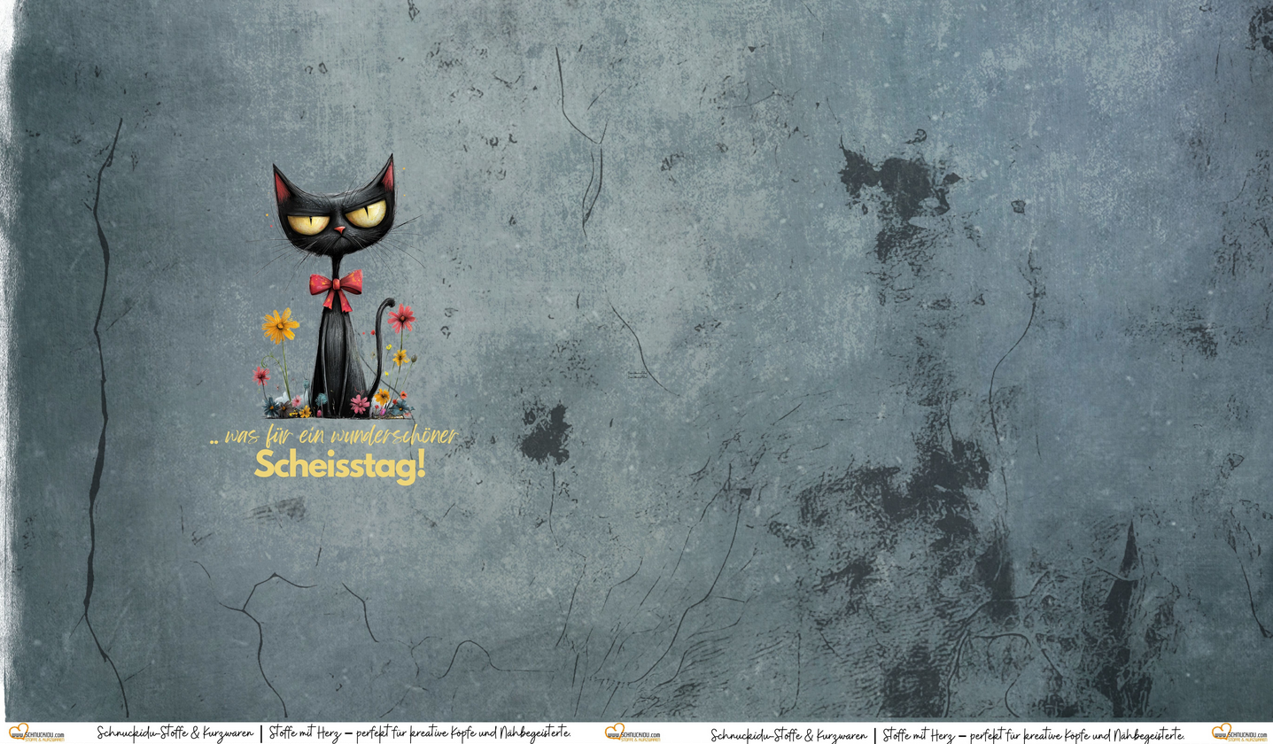 French Terry Panel "Was für ein wunderschöner Scheisstag!" mit grimmiger schwarzer Katze und bunten Blumen auf grauem Beton-Hintergrund – ca. 80x145cm, 95% Baumwolle, 5% Elasthan, Öko-Tex Standard 100