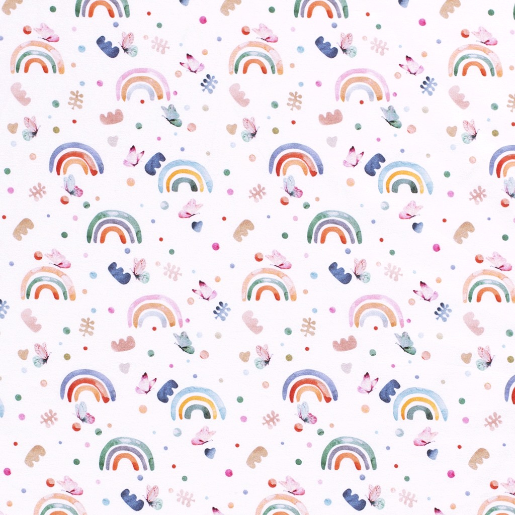 Baumwolljersey - Jersey Stoff - Motivjersey - Schmetterlinge und Regenbögen auf Weiß