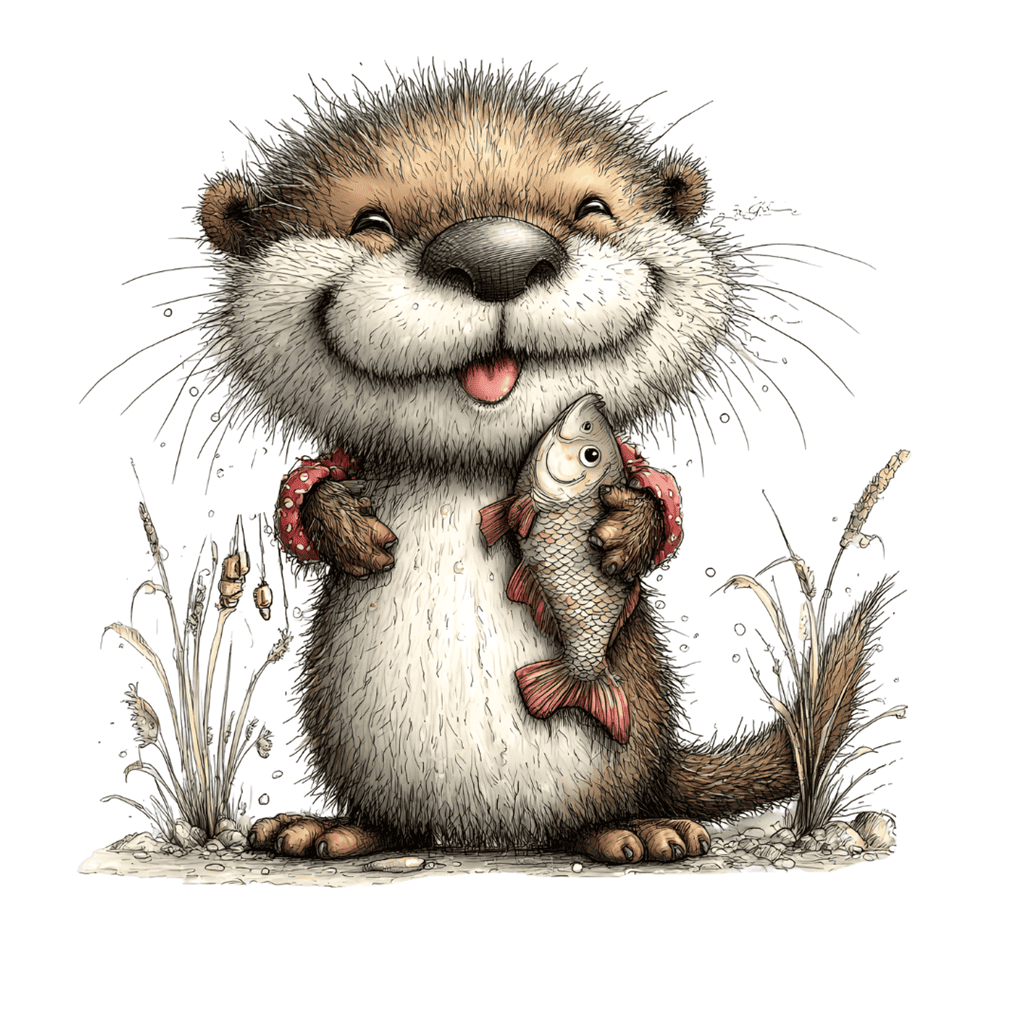 Niedliches, gezeichnetes Bügelbild mit einem fröhlich lächelnden Otter, der einen Fisch im Arm hält, umgeben von Schilfgräsern