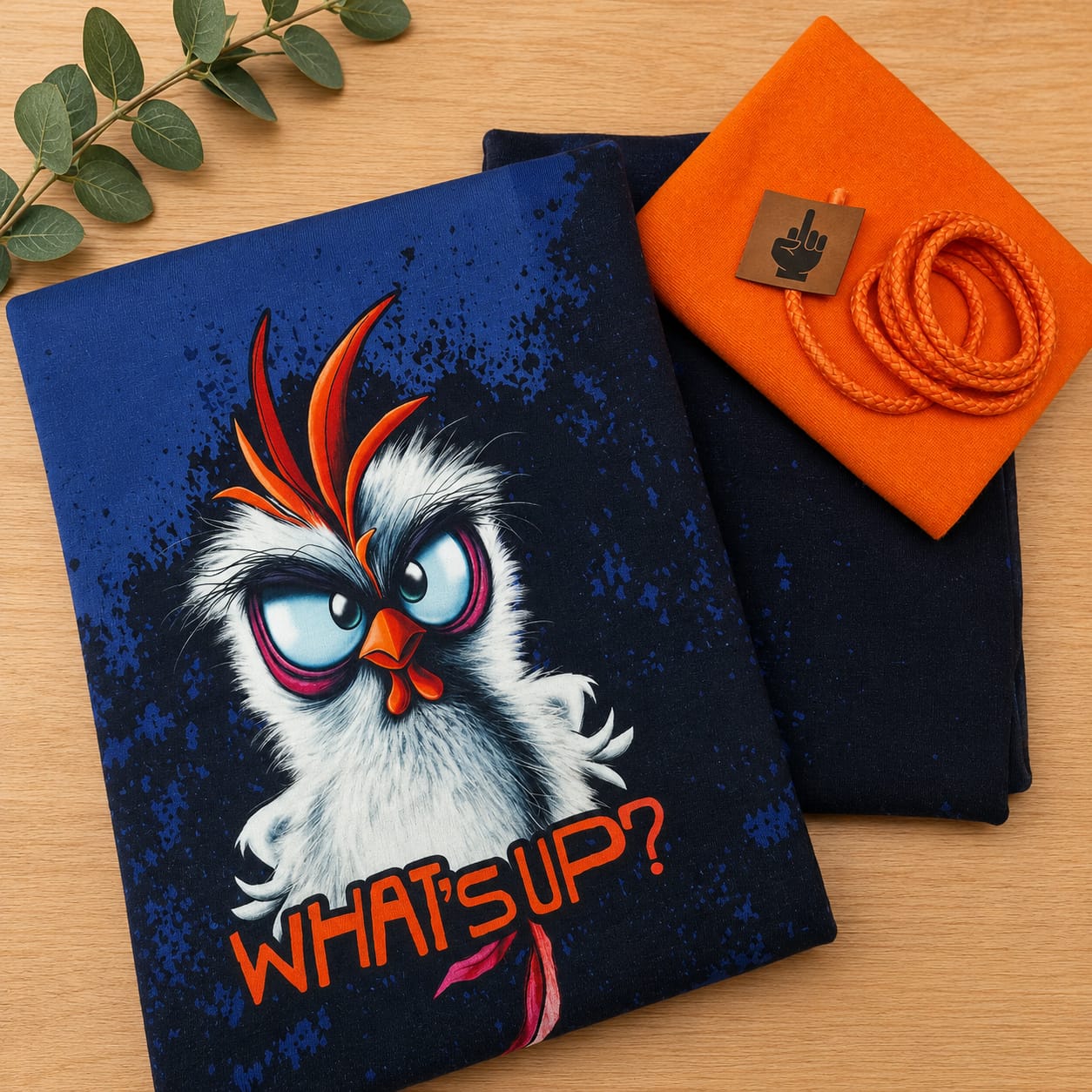 Limitierte Näh-Box Stoffpaket Chickeria WHAT'S UP? von Thorsten Berger mit French Terry Panel, dunkelblauem Kombistoff, orangem Bündchen, orangener Kordel und Kunstlederlabel.
