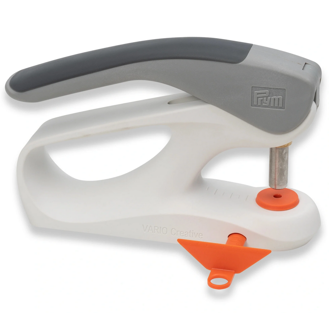 Prym Vario Creative Tool in Orange-Grau – Multifunktionale Design-Presse zum Lochen und Verarbeiten von Druckknöpfen, Ösen und Nieten mit minimalem Kraftaufwand.