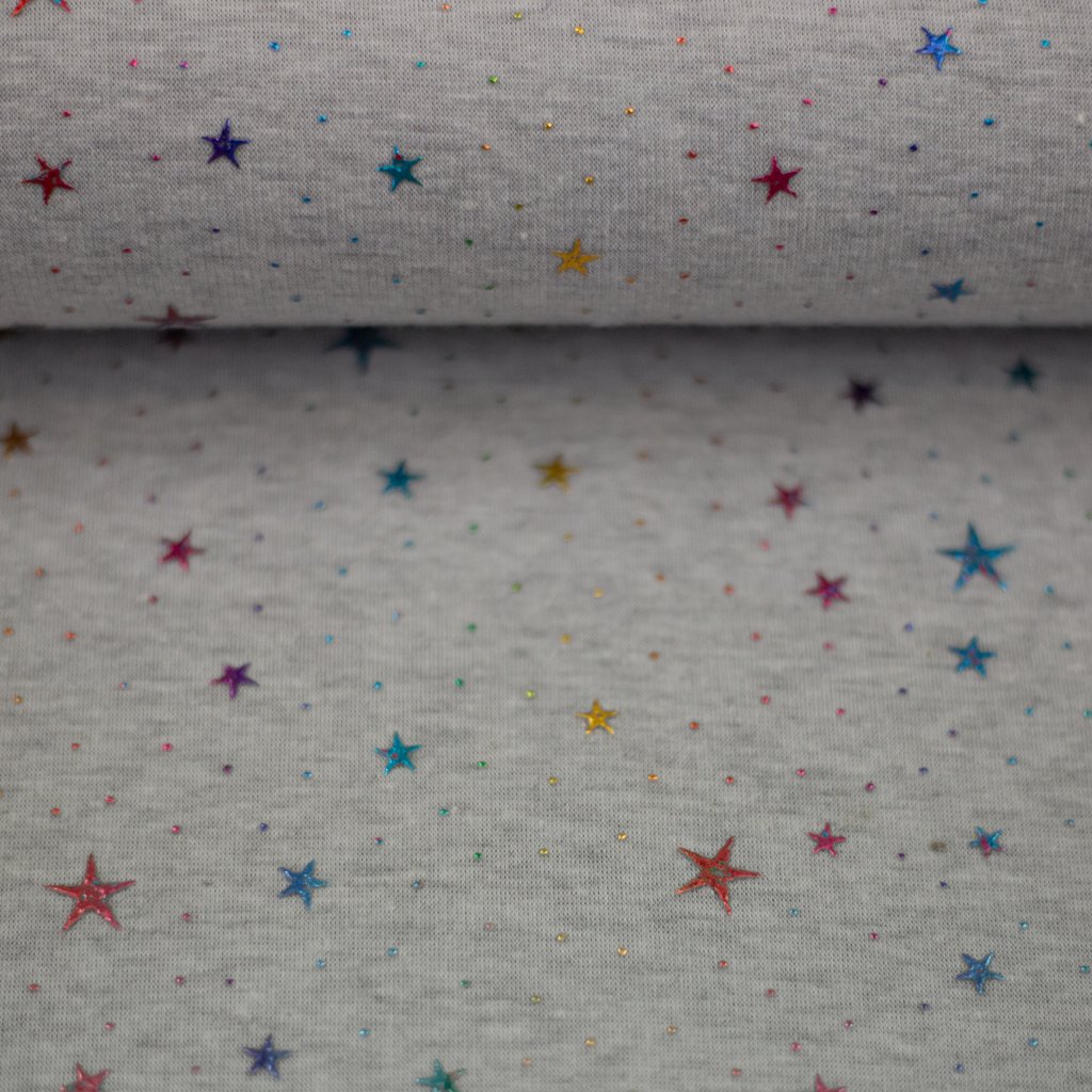 Alpenfleece - Sweat Stoff mit Plüschfell-Abseite - Swafing -  Farsund - Bunte Glitzersterne Grau Alpenfleece - Sweat Stoff mit Plüschfell-Abseite - Swafing -  Farsund - Bunte Glitzersterne Grau