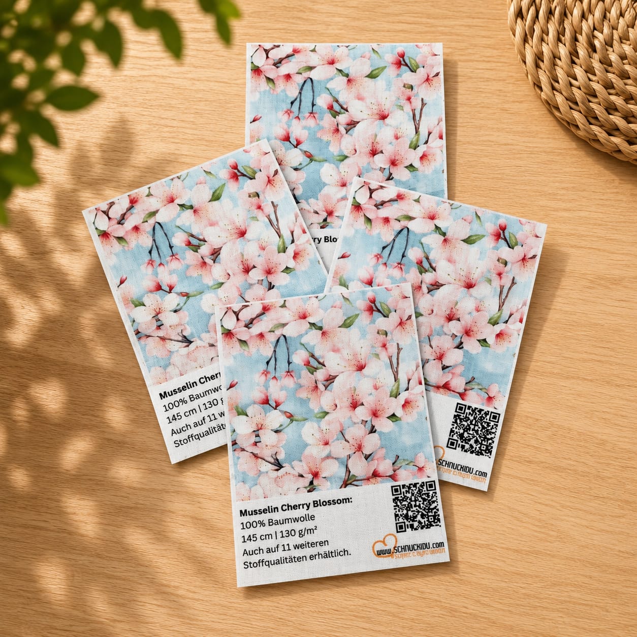 Stoffprobe Musselin Schnuckidu Eigendesigns – ca. 10 x 15 cm großes Stoffmuster aus 100% Baumwolle (Double Gauze) mit Kirschblüten-Motiv und QR-Code.