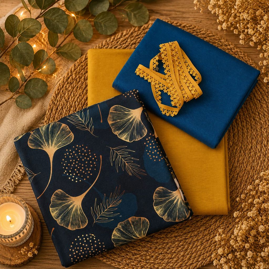 Limitierte Näh-Box mit dem Eigendesign Golden Ginkgo auf French Terry, passendem Uni French Terry, Bündchen, elastischer Spitze und Kunstlederlabel.