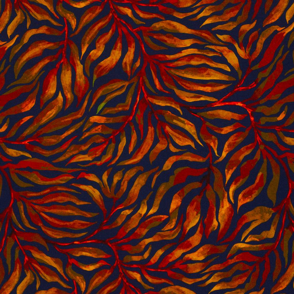 Swafing Baumwolljersey Luminoso by Bienvenido Colorido, abstraktes Blattmuster in Rost, Blau und Terracotta, 95% Baumwolle 5% Elasthan, Vorbestellung 2026
