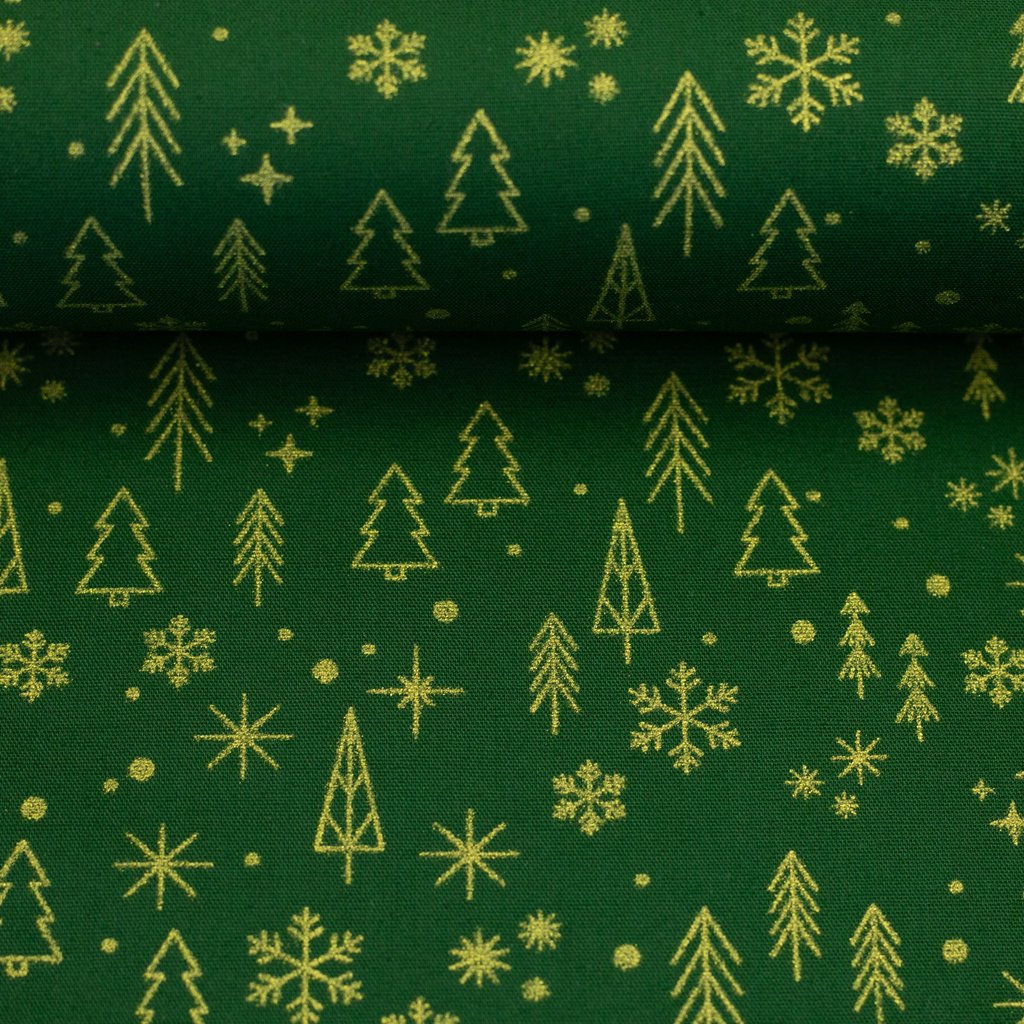Webware - Baumwoll Stoff - Swafing -Neuss - Glitzerdruck - Tannenbäume in Gold auf Grün Webware - Baumwoll Stoff - Swafing -Neuss - Glitzerdruck - Tannenbäume in Gold auf Grün
