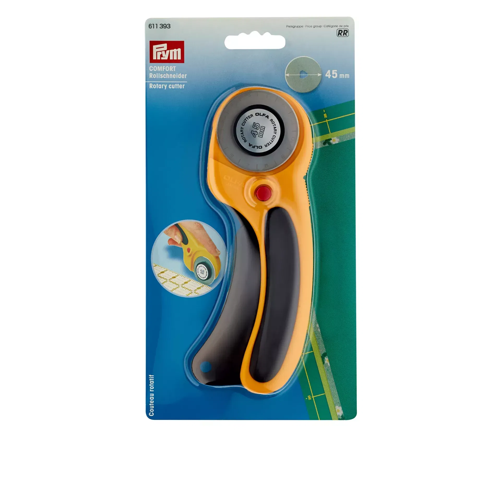 Ergonomischer Prym Rollschneider Comfort mit 45 mm Klinge – Rollmesser mit Soft-Griff und Sicherheitsmechanismus für präzises Zuschneiden von Stoffen, Leder und Papier.