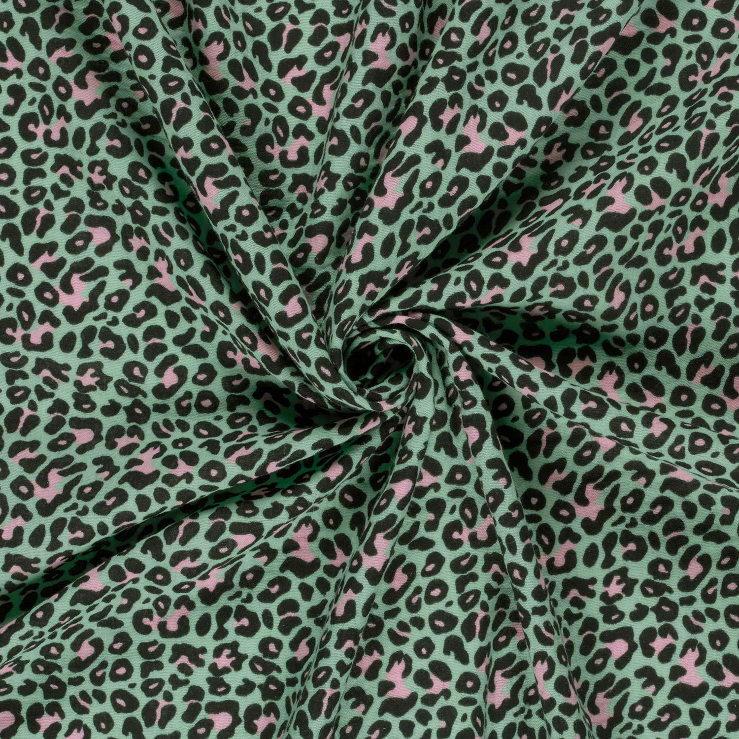 Musselin - Baumwolle - Leoprint Schwarz/rosa auf Mint