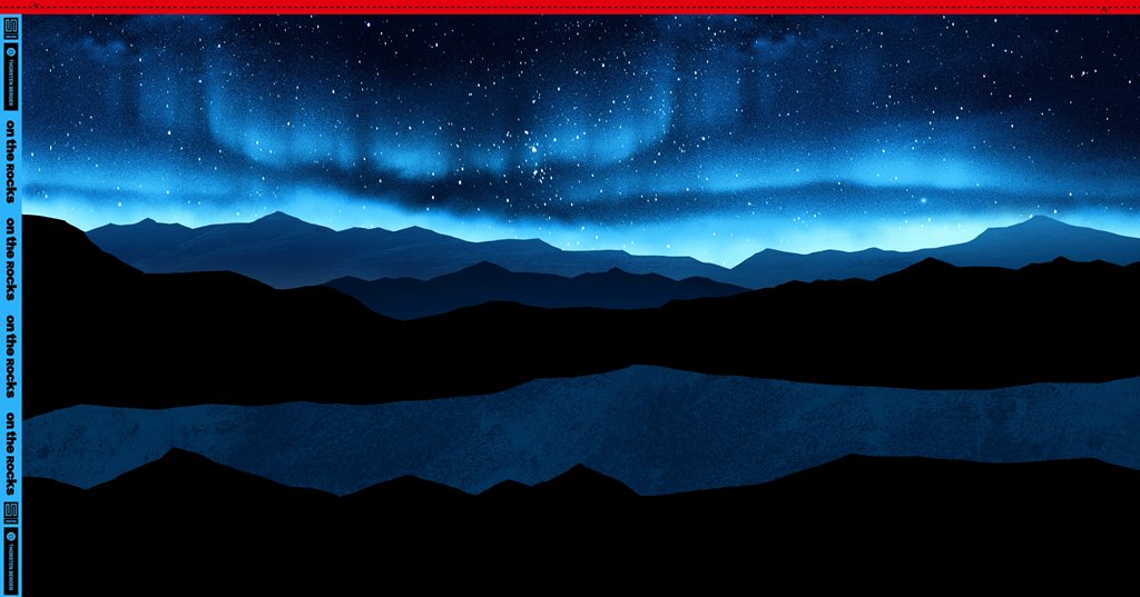 Hochwertiges Sweat-Panel von Thorsten Berger aus der "On the Rocks" Kollektion, weite Berglandschaft unter einem leuchtenden Sternenhimmel mit Polarlichtern, tiefblaue und schwarze Nuancen, Baumwoll-Sweat 85cm x 150cm