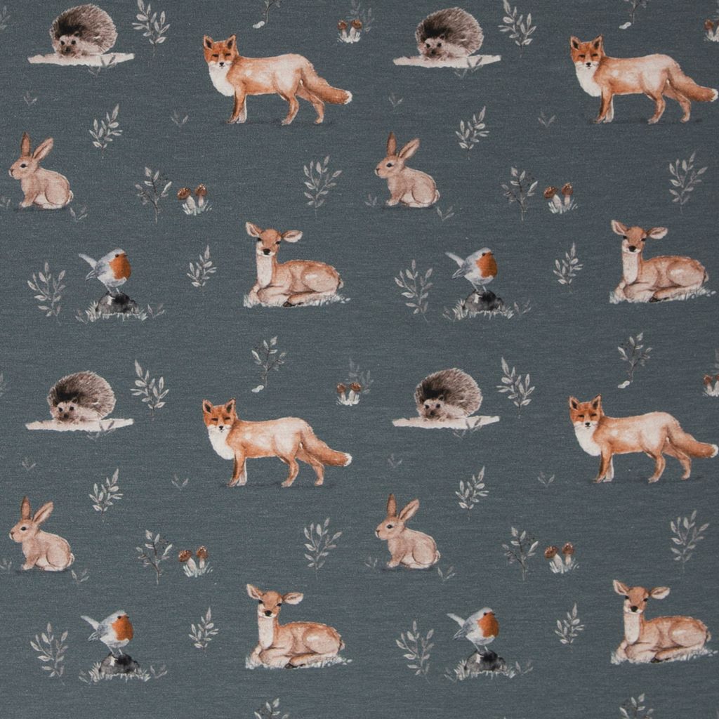 Motivjersey - Swafing - Forest Animals by Christiane Zielinski - Waldtiere auf Graublau Stoffrest 90cm