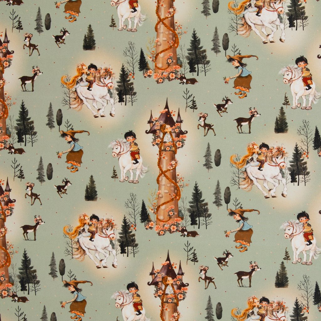 Zauberhafte Swafing Baumwoll-Webware "Fairy Tale - Rapunzel" in Mint, 100% Baumwolle, Öko-Tex Standard 100, weicher Stoff für märchenhafte Kinderkleidung, Accessoires und Deko