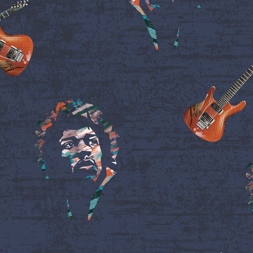 French Terry - Sommersweat - Motiv Stoff - Gitarre und Jimi Hendrix auf Navy