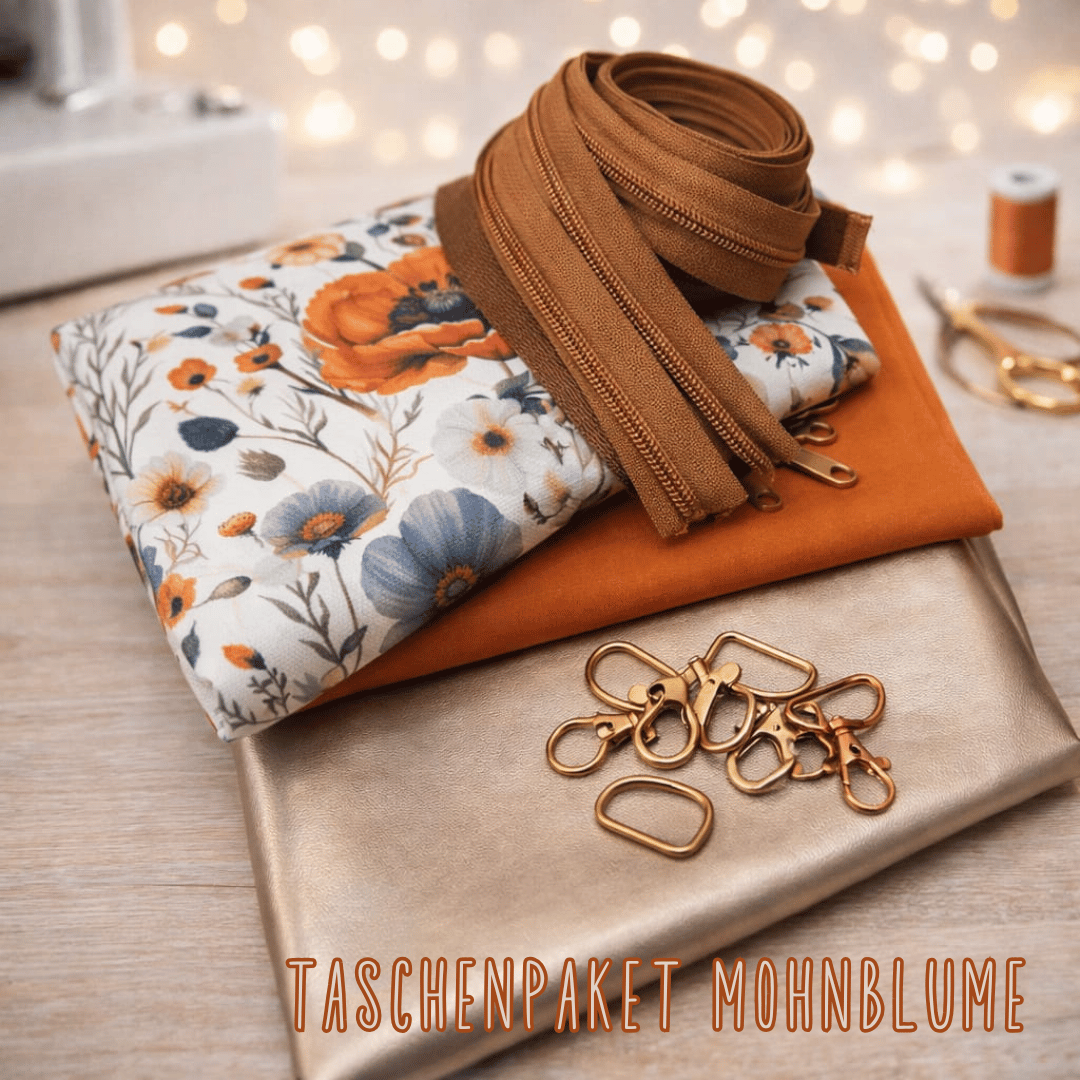 Komplettes Stoffpaket für eine Tasche mit Mohnblumen-Motiv – Inklusive Canvas, Innenstoff und Zubehör, hochwertiges Set für DIY-Taschenprojekte mit floralem Design