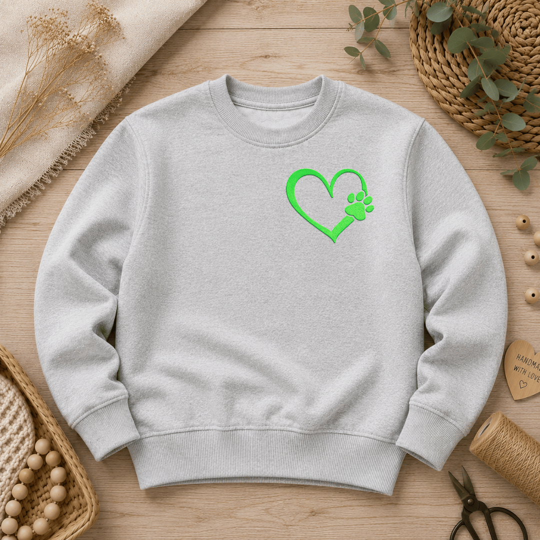 Flauschiges Flock-Patch Pfote mit Herz in Neon-Grün seitlich aufgebügelt auf einem grauen Kinder-Sweatshirt.
