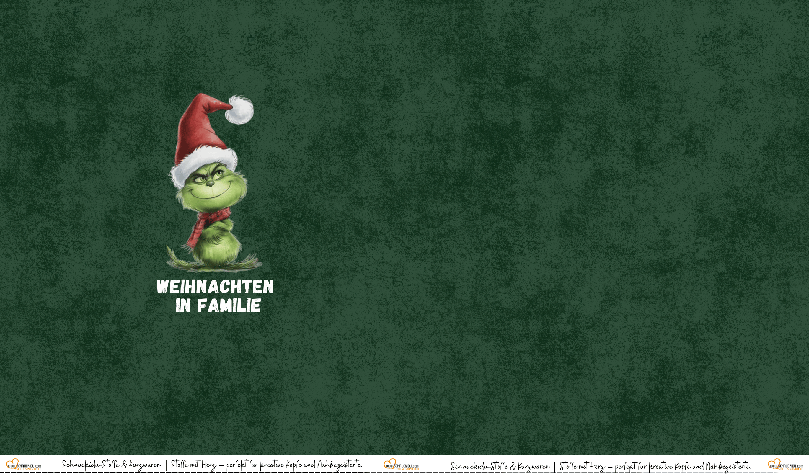 Schnuckidu Eigendesign French Terry Panel Little G Weihnachten in Familie mit grünem Weihnachtswichtel, Nikolausmütze und dunkelgrünem Hintergrund.