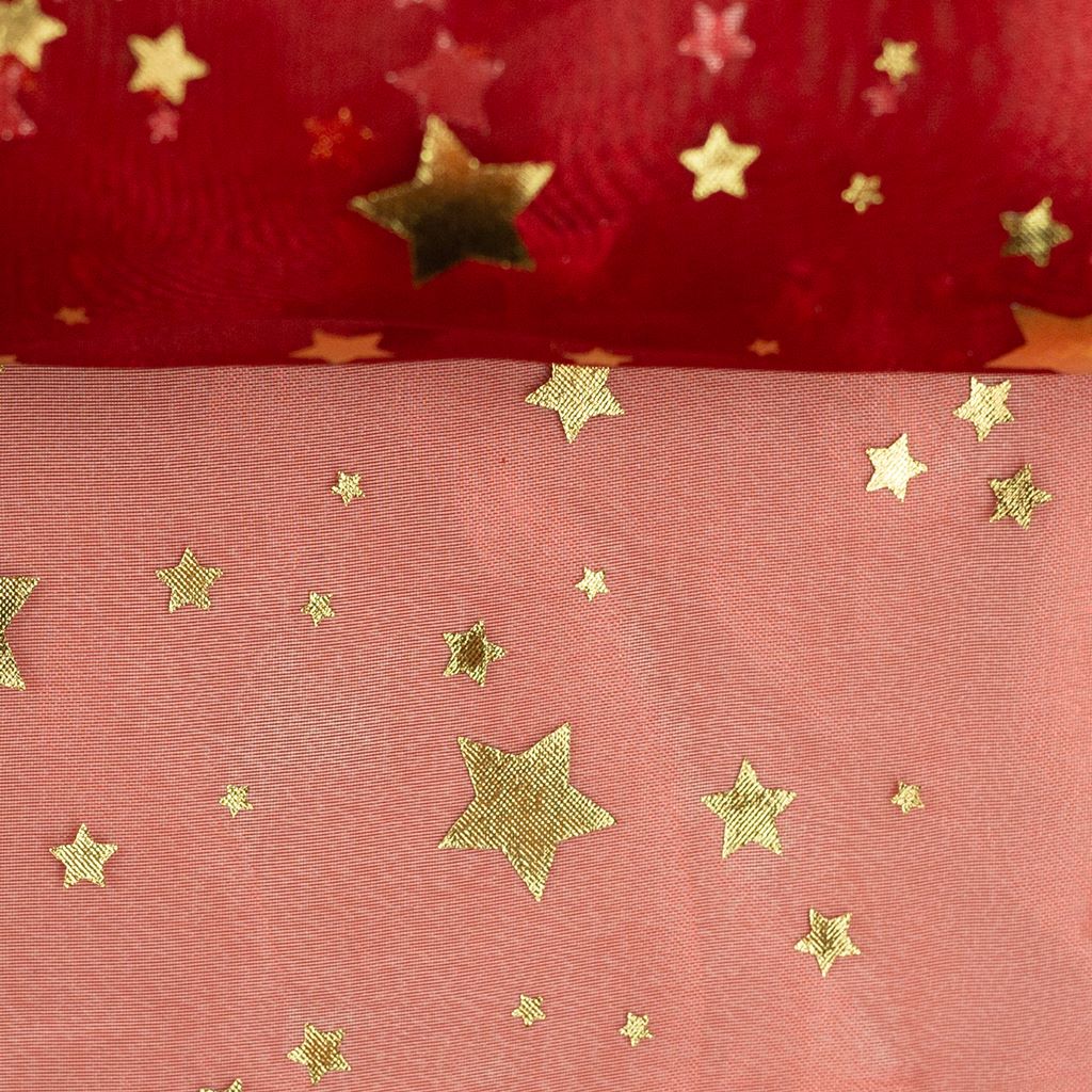 Organza - Foliendruck - Swafing - Jussi - Sterne in Gold auf Rot