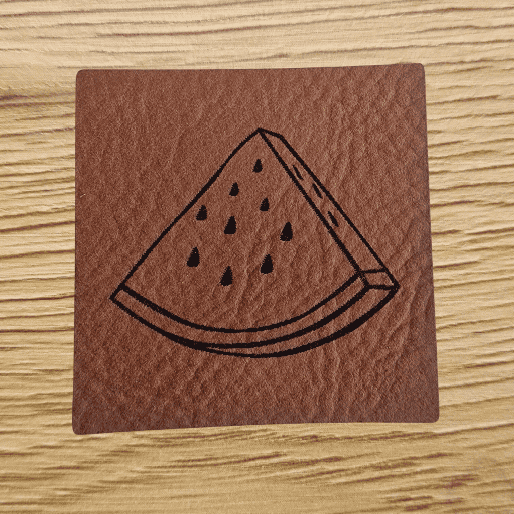 Quadratisches braunes Kunstleder-Label mit einer gravierten Melone, 4,0 x 4,0 cm, veganes Nählabel für Sommermode und Accessoires, laser-graviert bei Schnuckidu.
