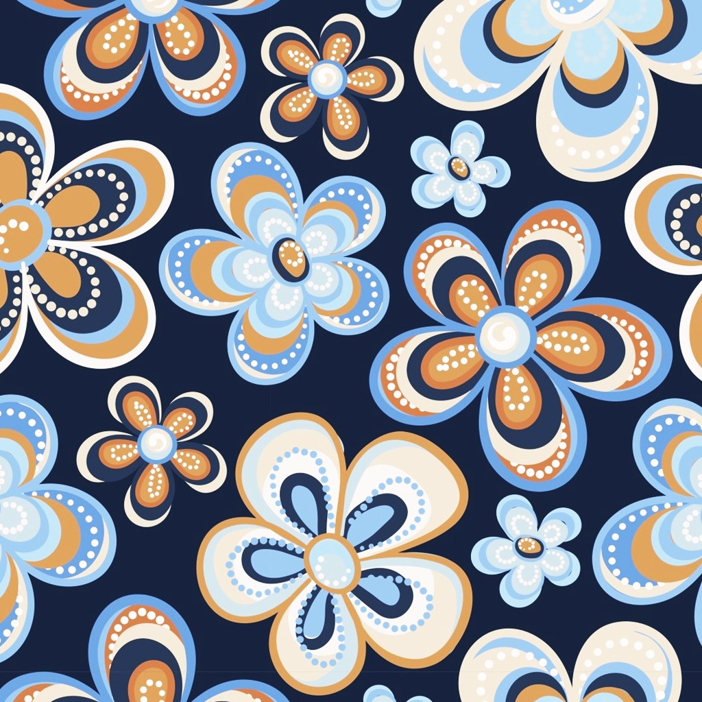 Baumwolljersey - Jersey Stoff - Motivjersey - Retro Flower - Blumen auf Navy