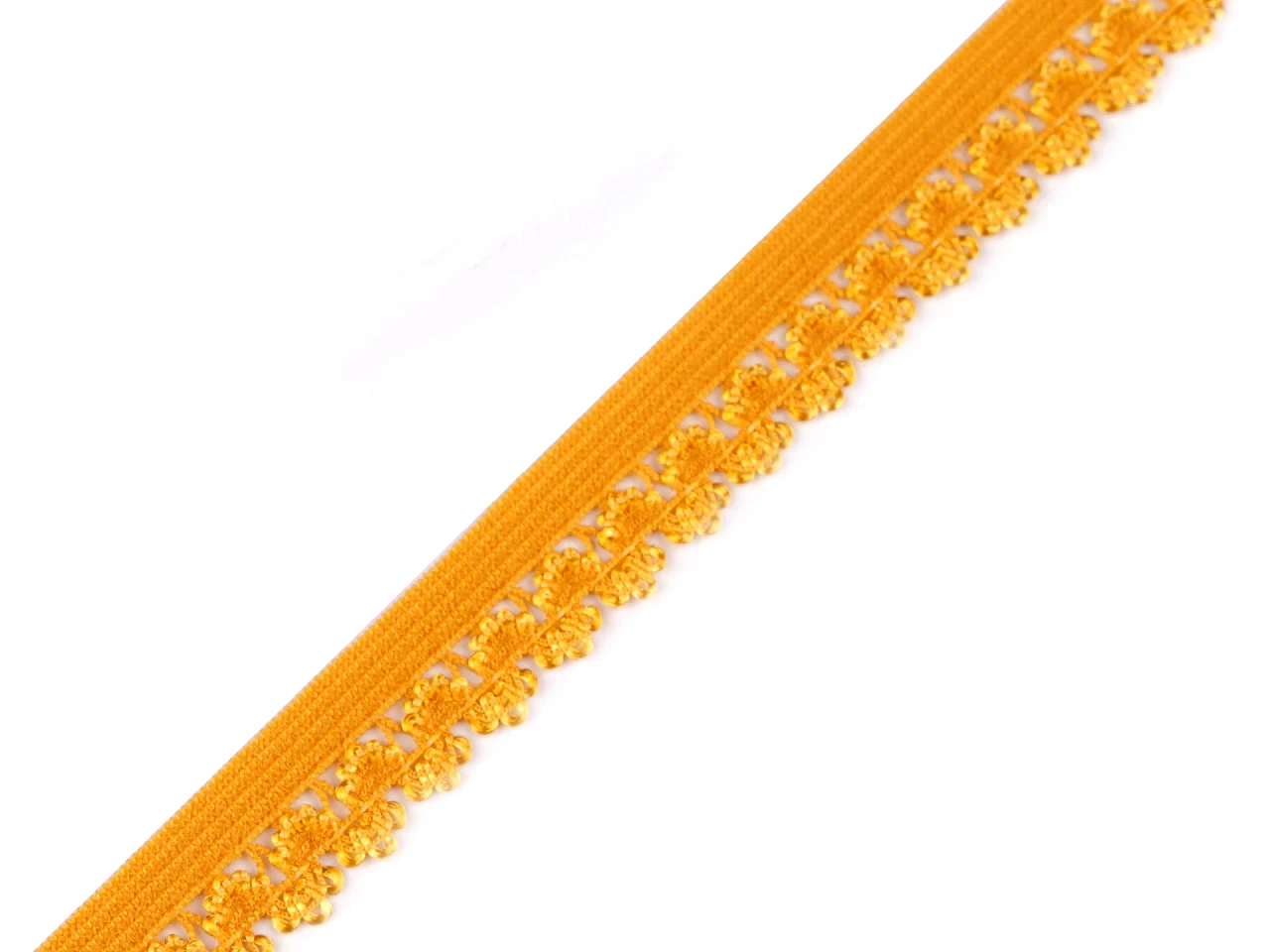 Elastisches Wäschegummi in Ocker mit filigraner Spitzenkante – 13 mm breit, besonders weich und hautfreundlich für Dessous, Slips und feine Kantenabschlüsse.