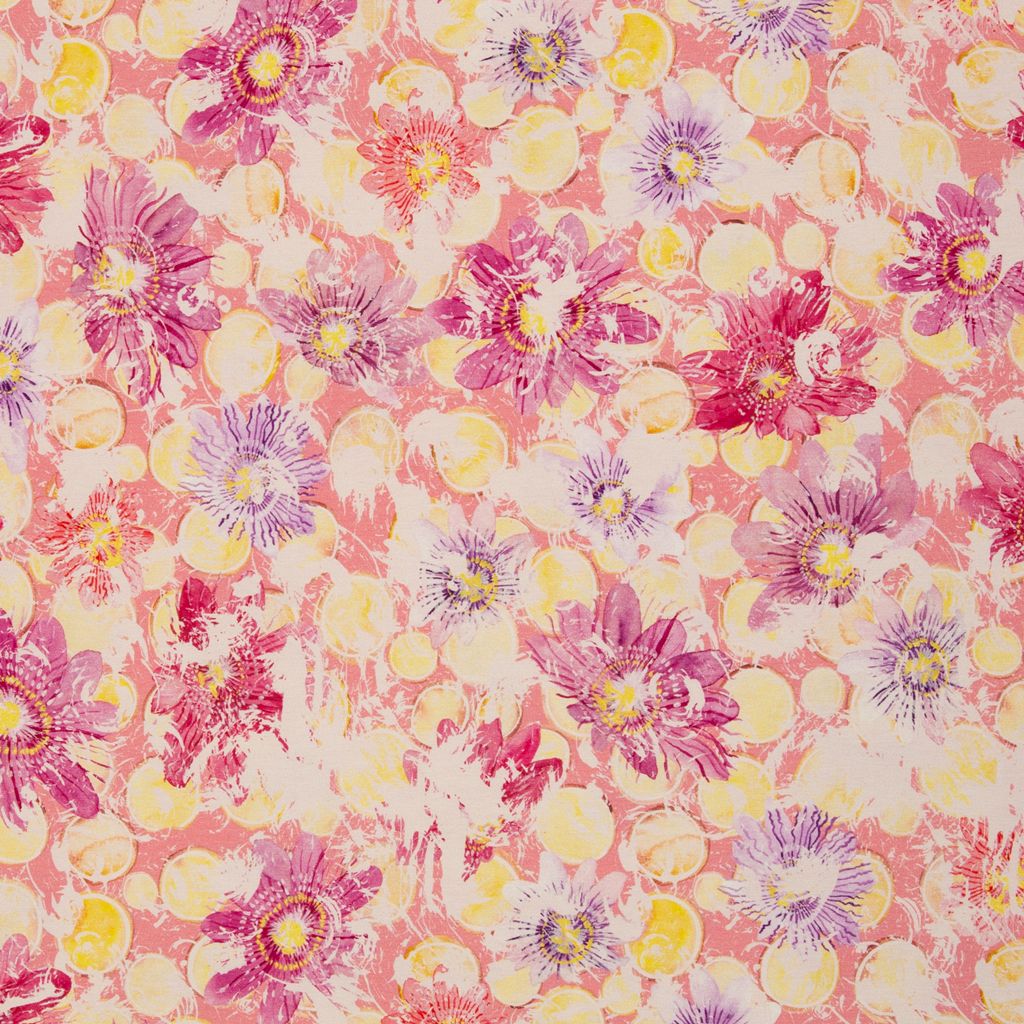 Elastischer Swafing Motivjersey Mystical Flowers von Anette Kithier mit kunstvollem Aquarell-Blumenmuster in Pink, Gelb und Violett für Sommerkleider und Shirts