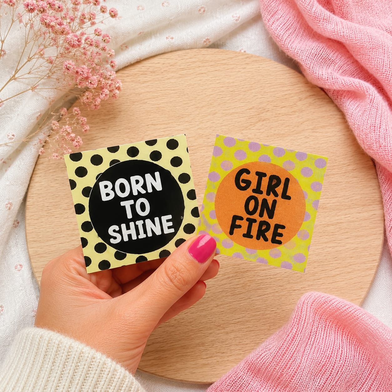 Quadratischer Flippatch Aufnäher von Cherry Picking mit Lentikular-Effekt wechselnd zwischen den Statements BORN TO SHINE auf schwarz-gelb gepunktetem Grund und GIRL ON FIRE auf orange-violett gepunktetem Grund.