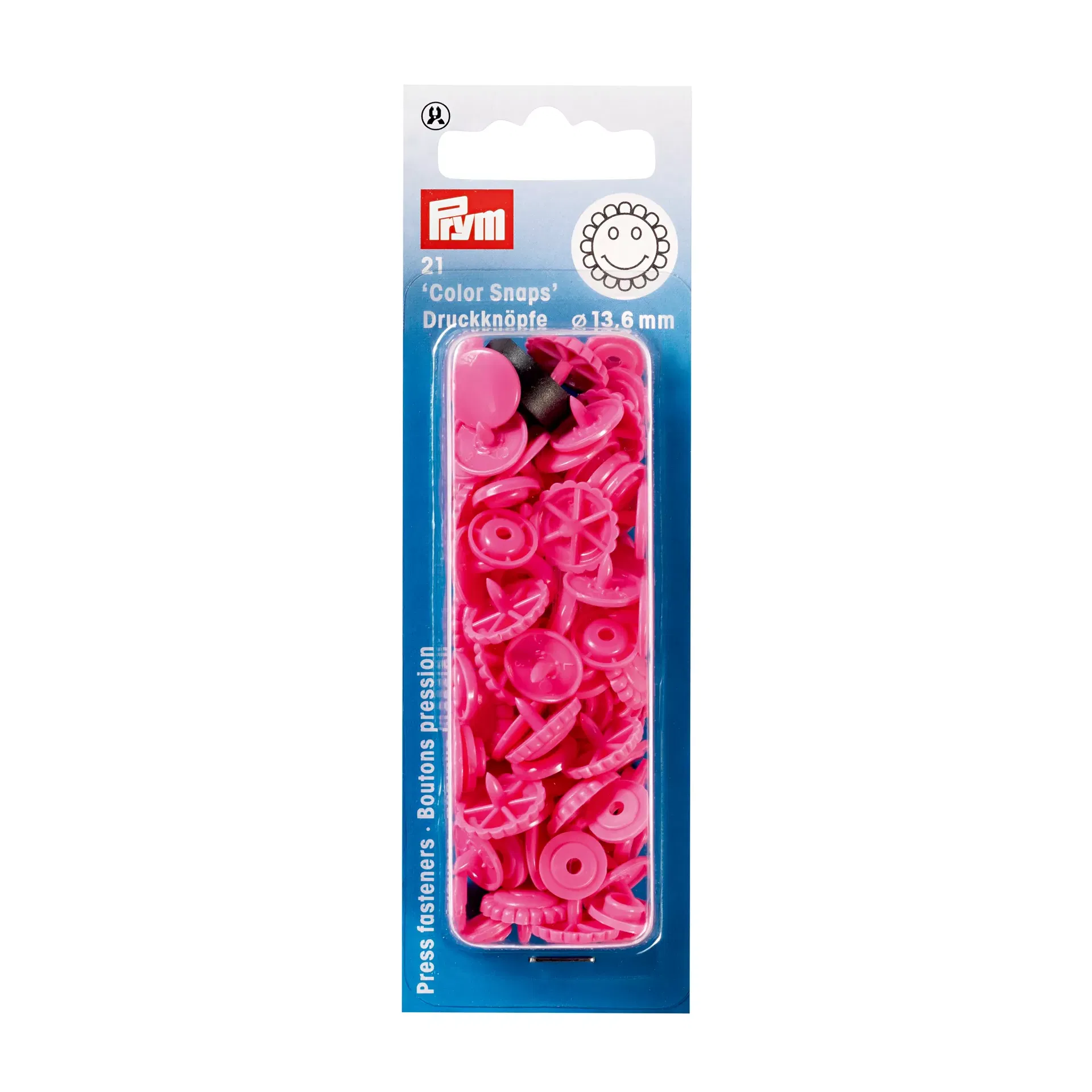 Prym Color Snaps Blume (393447) – Dekorative Druckknöpfe in Blumenform, Farbe Pink. 21 Stück, 13,6 mm Durchmesser. Hochwertige Kunststoff-Druckknöpfe für Kinderkleidung und Accessoires.