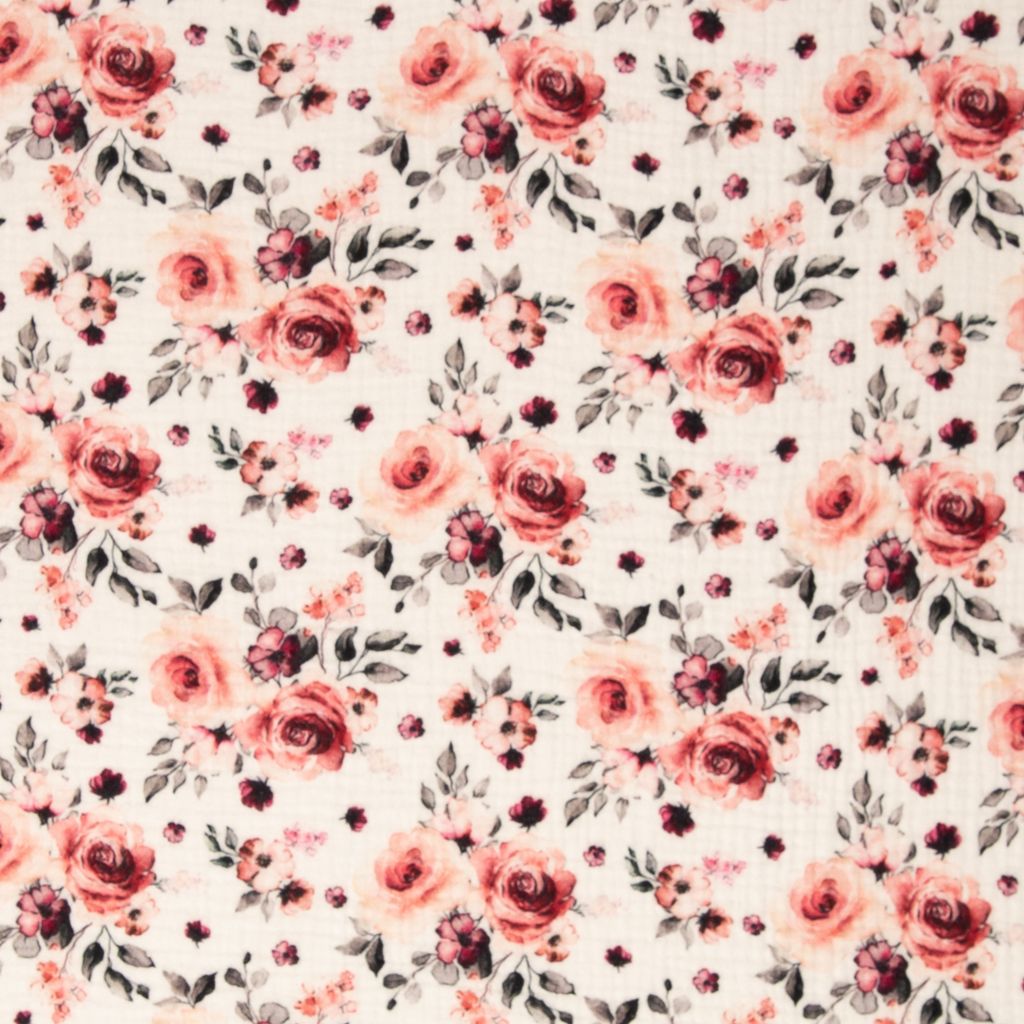 Weicher Musselin Double Gauze Stoff Thea aus 100% Baumwolle mit romantischen Rosen und Blüten-Bouquets in Altrosa und Beere auf hellem Grund, 100g/m² für Sommerkleidung und Accessoires