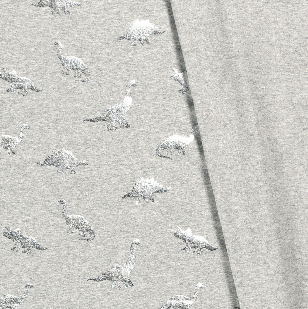 Baumwoll Jersey - Jersey Stoff - Foliendruck - Dinos in Silber auf Grau Melange