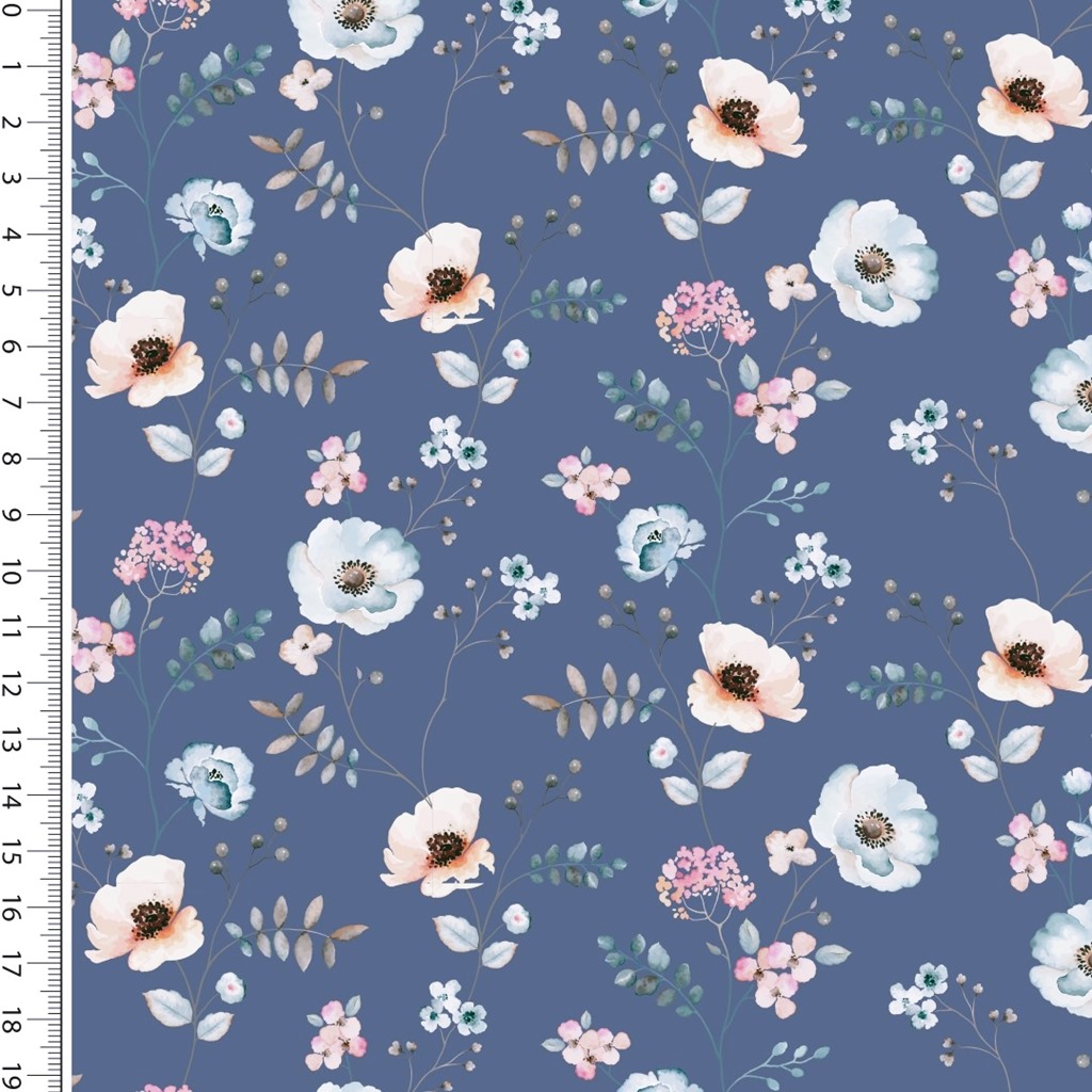 Baumwollstoff  - Webware - Digitaldruck - Blumen in Aquarelldesign auf Jeansblau