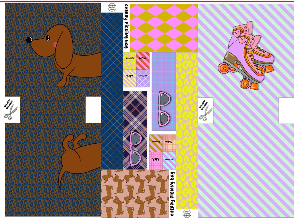 Swafing Canvas Taschen-Panel Cherry Picking Bag, Motiv Dackel auf Rollschuhen, 100% Baumwolle, 100cm x 150cm, robustes Canvas für DIY Taschen, Vorbestellung