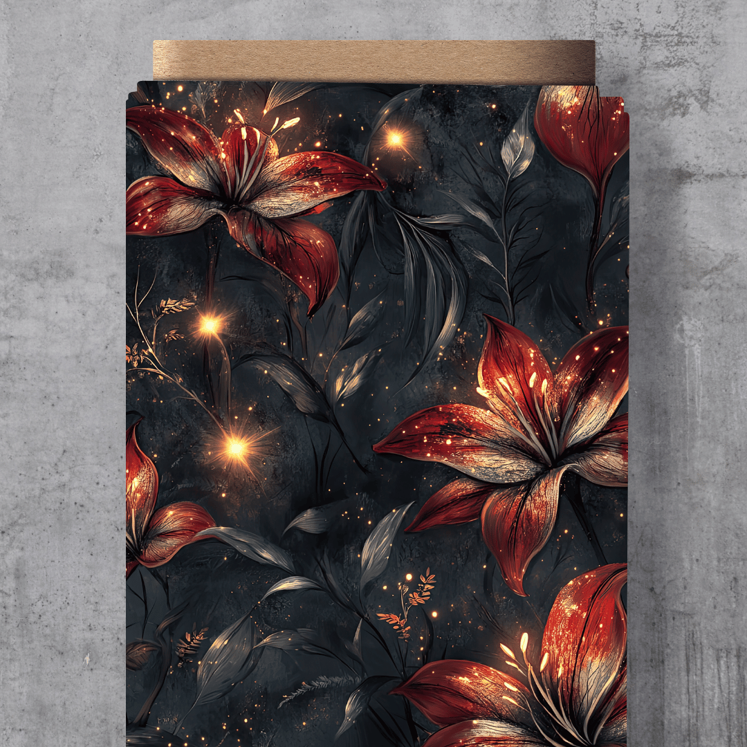 Schnuckidu Eigenproduktion Glowing Lilies – Prachtvolle rote Lilien mit goldenen Lichteffekten auf mystischem dunklem Grund, exklusive Vororder auf 12 Stoffarten, Öko-Tex Standard 100.