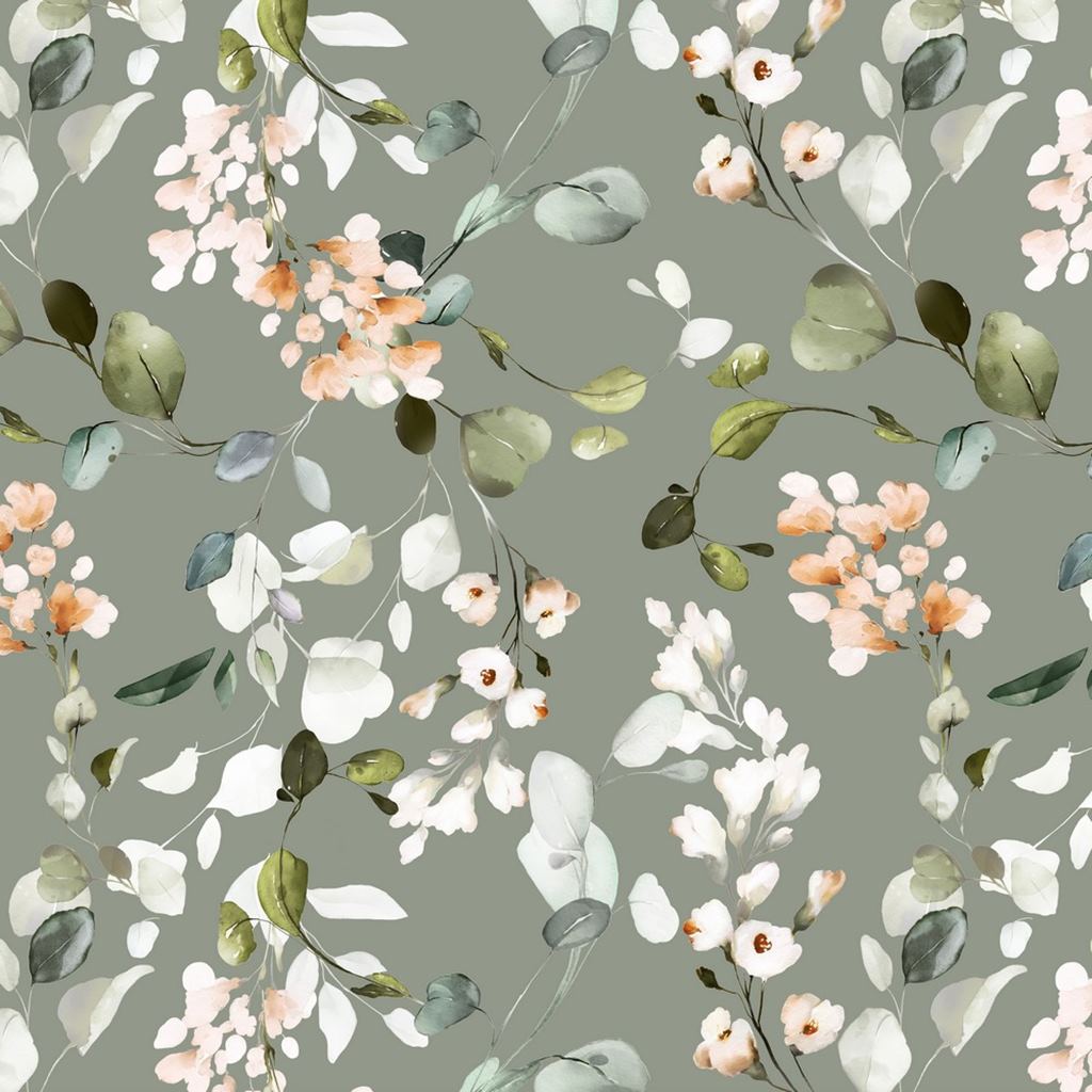 Canvas - Dekostoff - Leinenoptik - Digitaldruck - Blumen und Blätter auf Altgrün