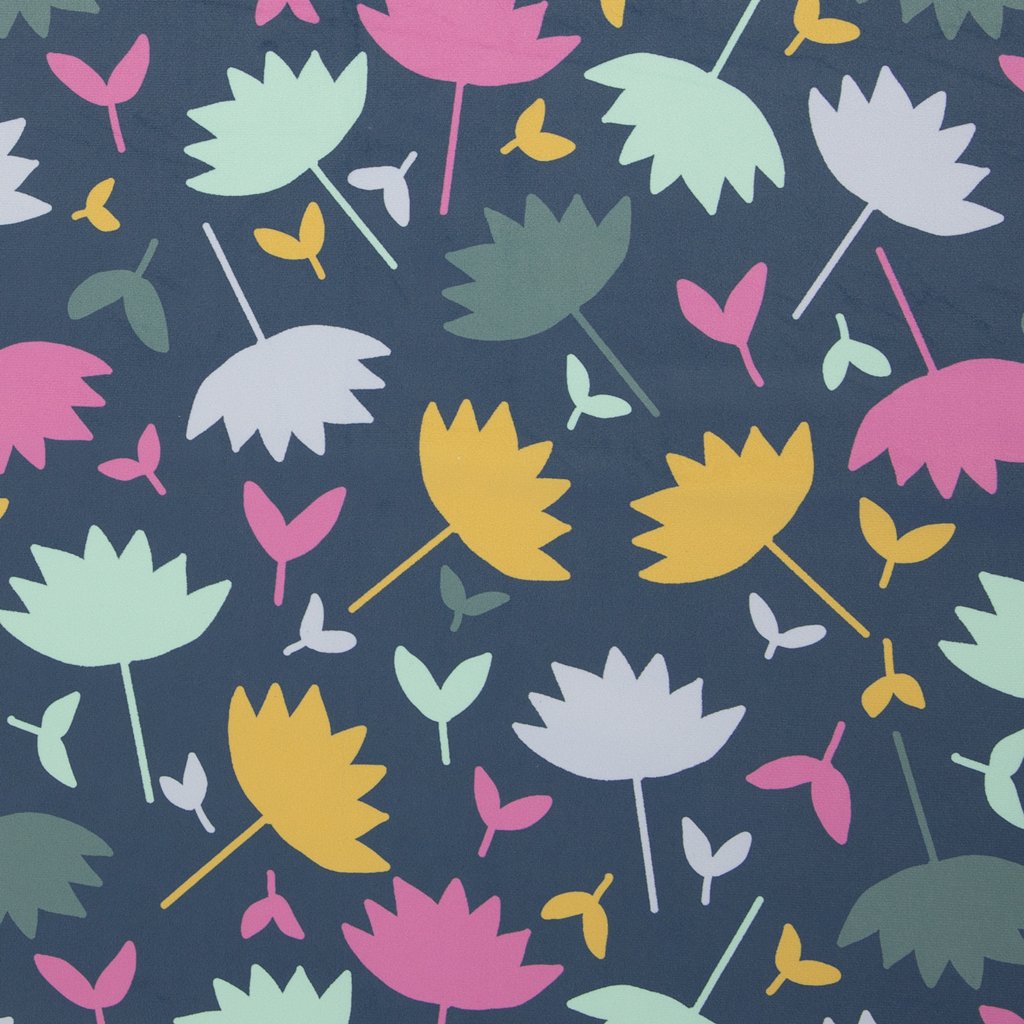 Hochwertiger Velvet Samt von Swafing aus der Kollektion von Emjo Design, abstraktes Blumenmuster mit Blüten in Pink, Gelb, Mint und Grau auf dunkelblauem (Navy) Grund, 100% Polyester