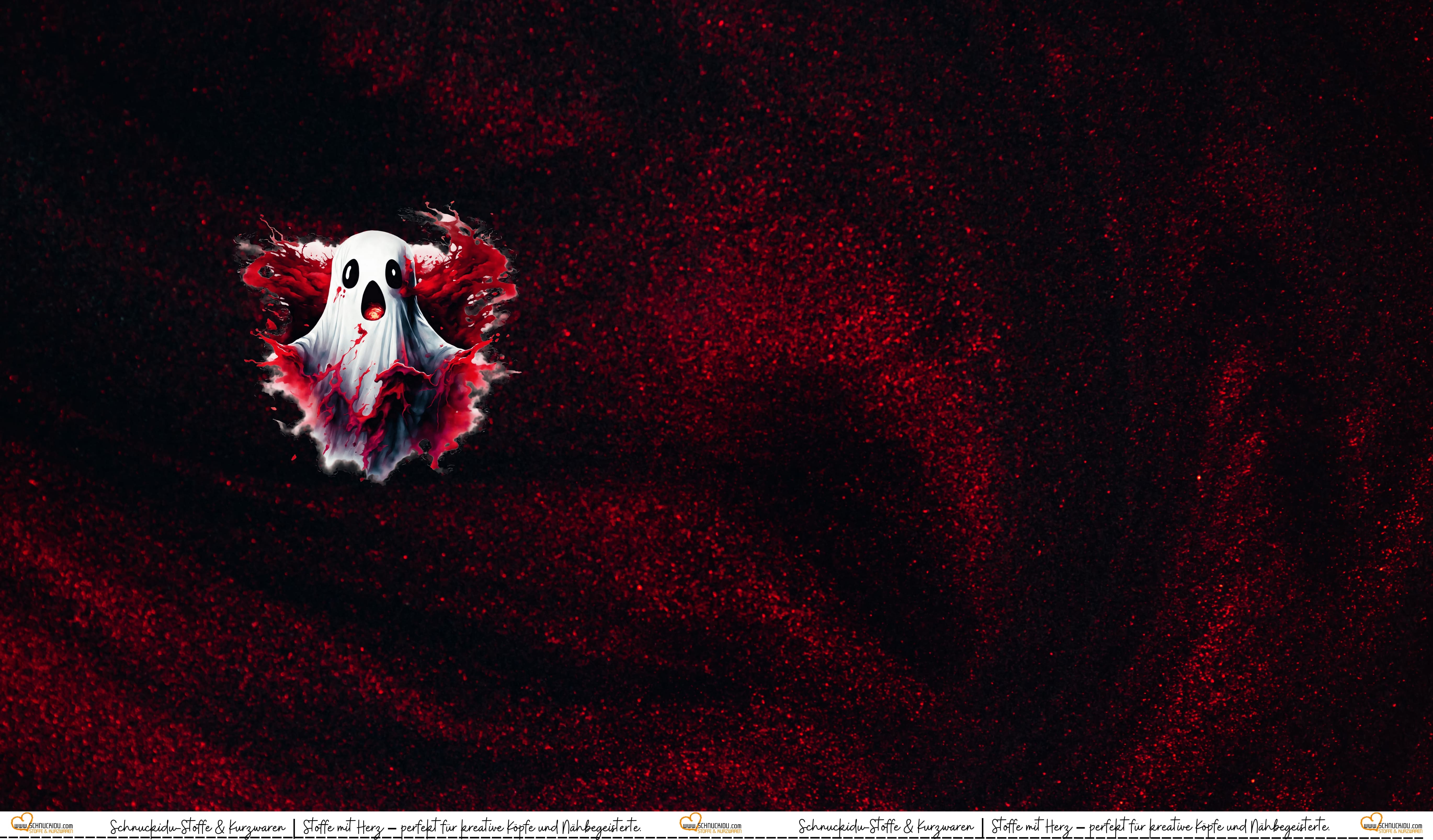 Schnuckidu Eigendesign French Terry Panel Spooky mit schwebendem kleinen Geist und roten Farb-Spritzen auf dunklem rot-schwarzem Textur-Hintergrund.
