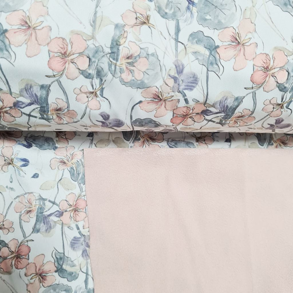 Softshell - Motiv Softshell mit bunter Fleeceabseite - Blumen auf Ecru und Lachsrosa