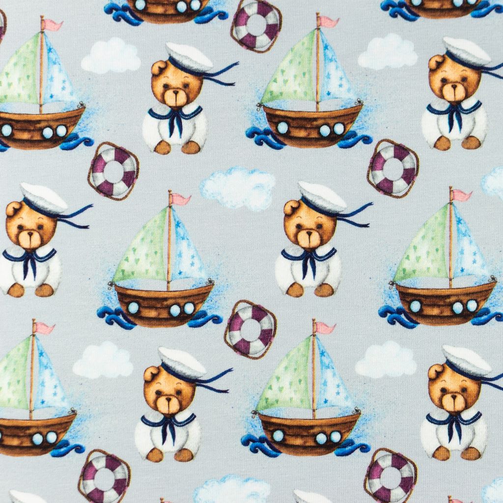 Baumwolljersey - Motivjersey - Teddybär und Segelboot