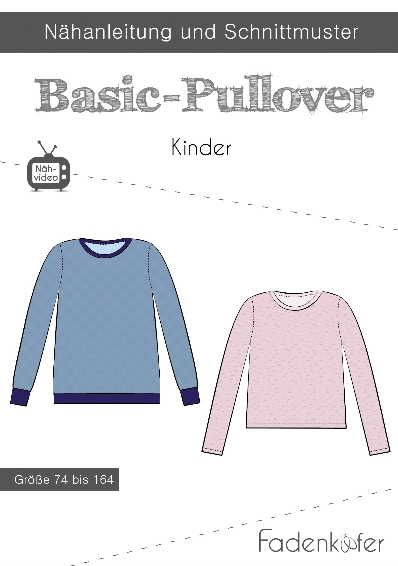 Papierschnittmuster Basic Pullover für Kinder von Fadenkäfer – Inklusive farbigem DinA0-Bogen und bebilderter Anleitung für die Größen 74 bis 164. Vielseitiger Pullover-Schnitt für Jungen und Mädchen.
