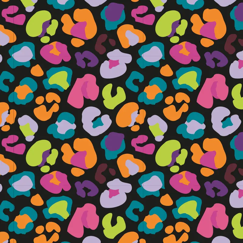 Hochwertiger French Terry Sommersweat mit buntem Leoprint auf schwarzem Grund, Neon-Farben Pink, Orange und Türkis, elastischer Baumwolljersey, 250g/m², ideal für Hoodies und Jogginghosen
