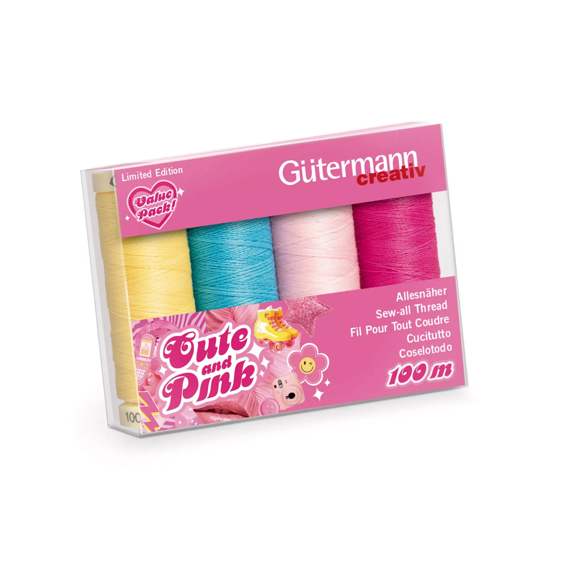Gütermann Nähfaden-Set Cute and Pink, 4 Spulen Allesnäher à 100m in harmonischen Pink- und Rosatönen, 100% Polyester Universalnähgarn.