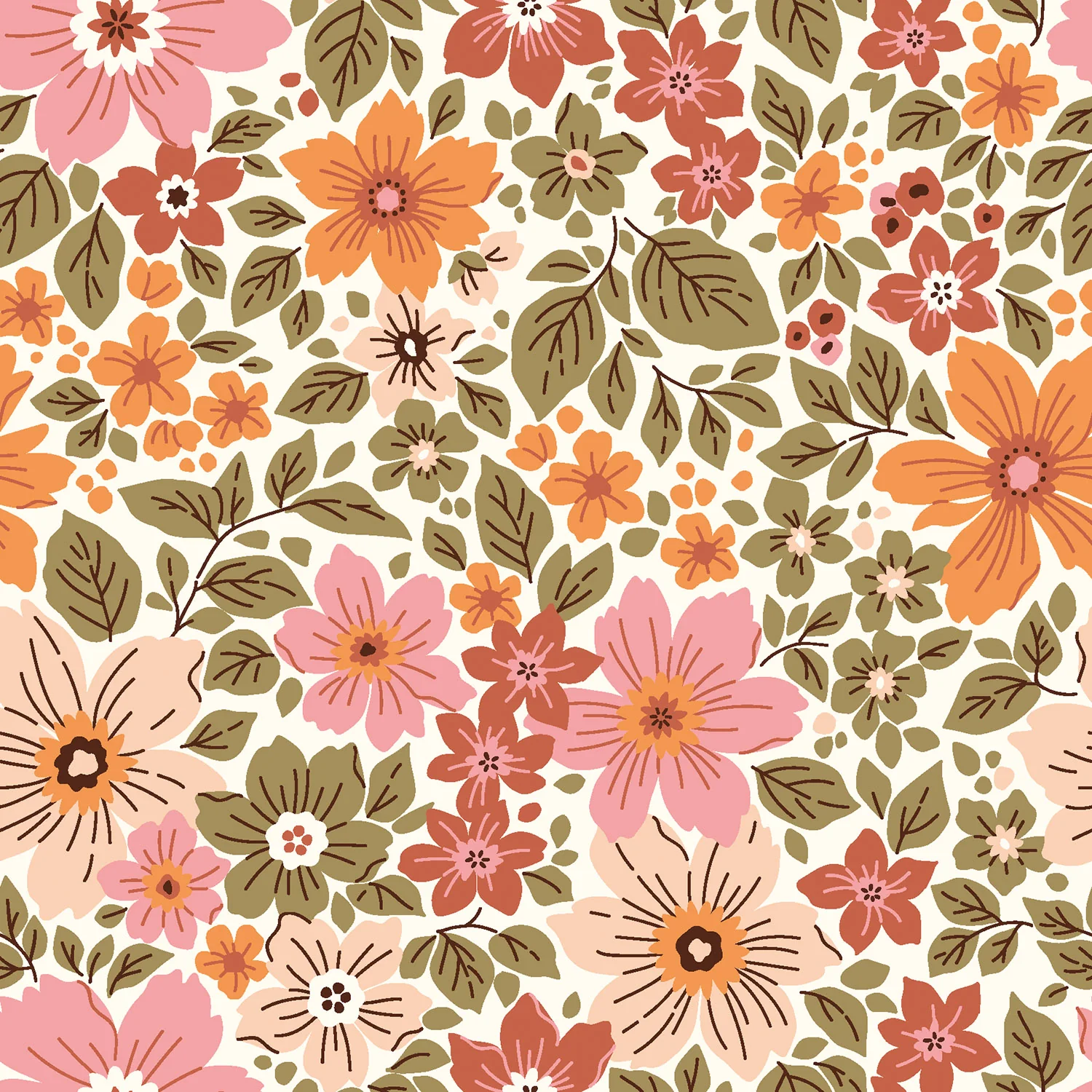 Webware - Baumwolle - Motiv - Blumen auf Ecru